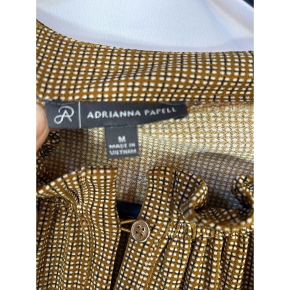 Adrianna Papell blouse Women's brown check 1/4 Button Top Ruffle Neck Sheer M - Picture 3 of 7